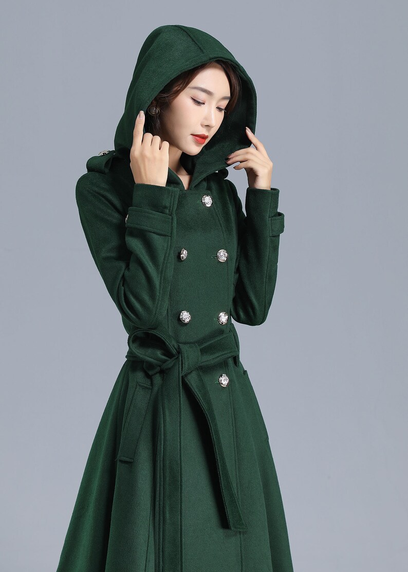 Damen Trenchcoat, Militärmantel Damen, Grüner langer Wollmantel mit Kapuze, Wintergürtel Swing Coat, doppelreihige Prinzessin Mantel 3212 Bild 5