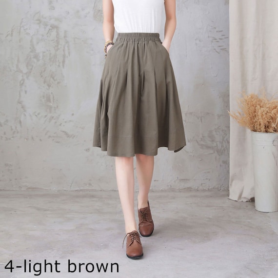 Elastic Waist Circle Linen Skirt In Brown 2827 Elastic Waist Circle Linen Skirt In Brown 2827