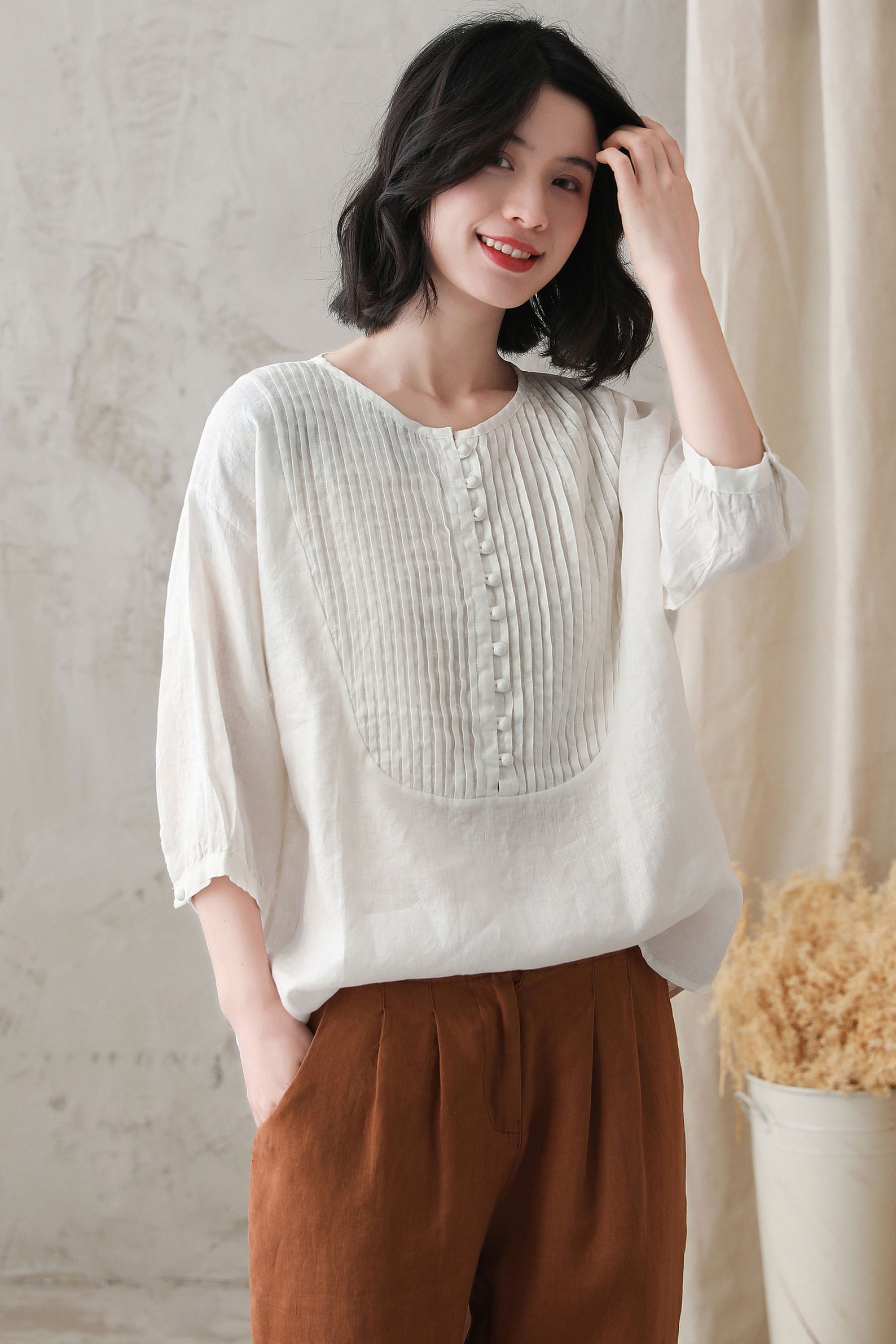 White Cotton Linen Tops Retro Crew Neck Linen Blouses 3/4 Etsy Canada