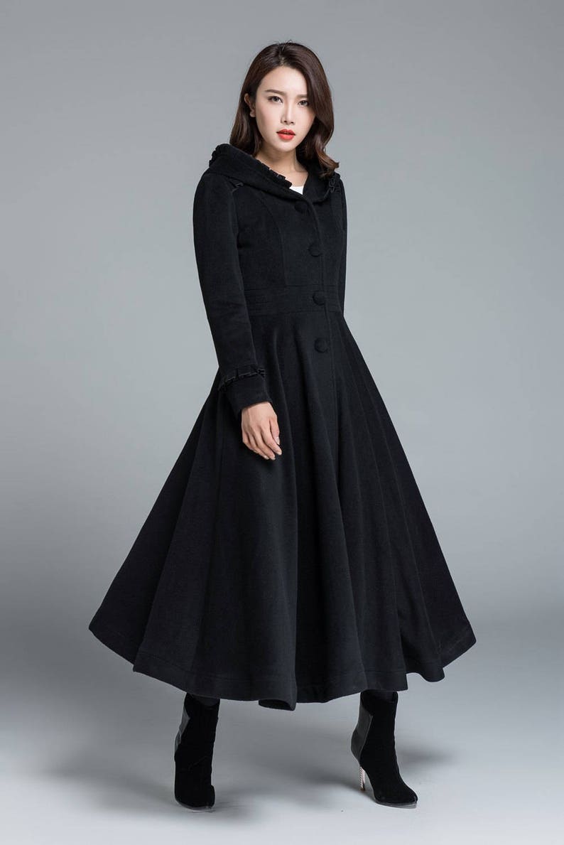 Black Coat Wool Coat Princess Coat Long Trench Coat Swing Coat Plus Size Coat Ladies Coats Hooded Coat Casual Coat 1649