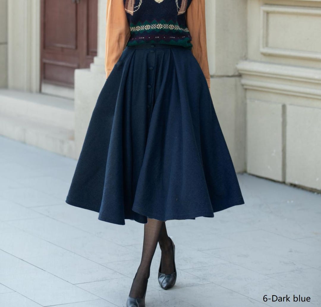 Dark Blue Wool Skirt, Womens Midi Wool Circle Skirt, Winter Skirt