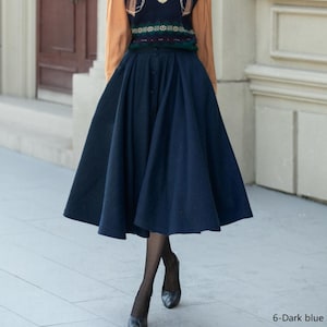 Dark blue wool skirt, Womens Midi Wool Circle skirt, Winter skirt women, Swing wool skirt, Button down skirt, Custom skirt, Xiaolizi 5311