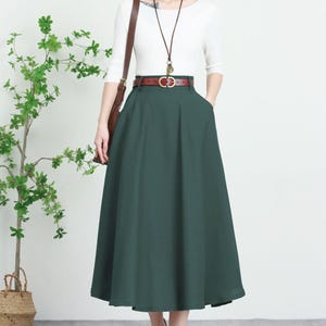 Dark Green Linen Midi Skirt (Small)
