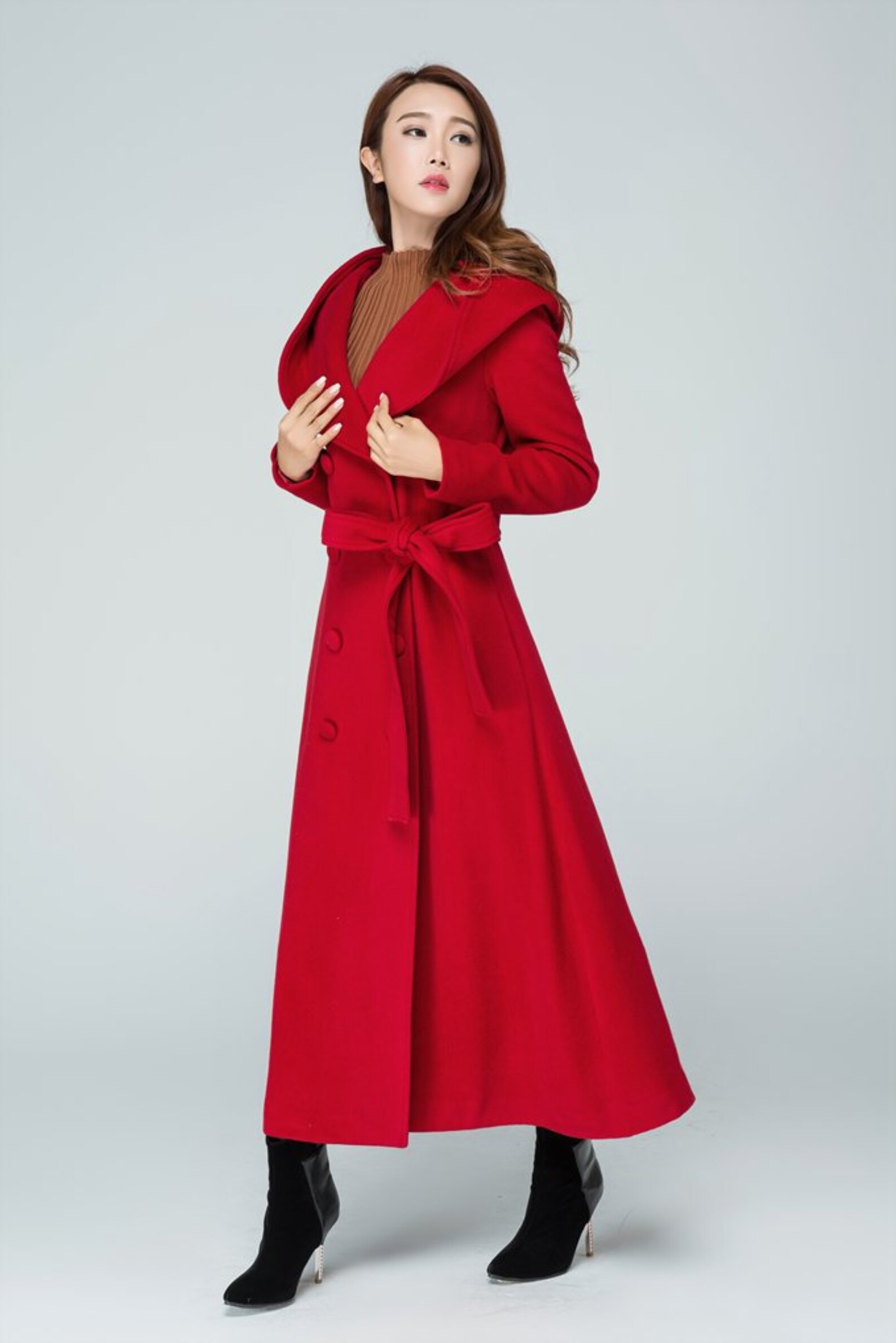 Red wool coat Long Wrap coat trench coat maxi coat hooded Etsy