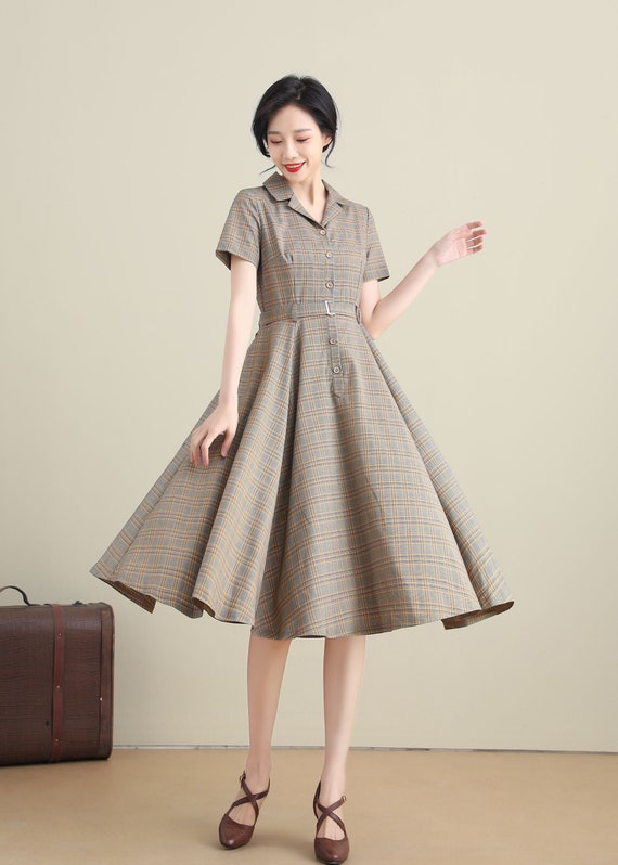 Plaid Linen Dress, Swing Shirtwaist Dress, Short Sleeve Dress With