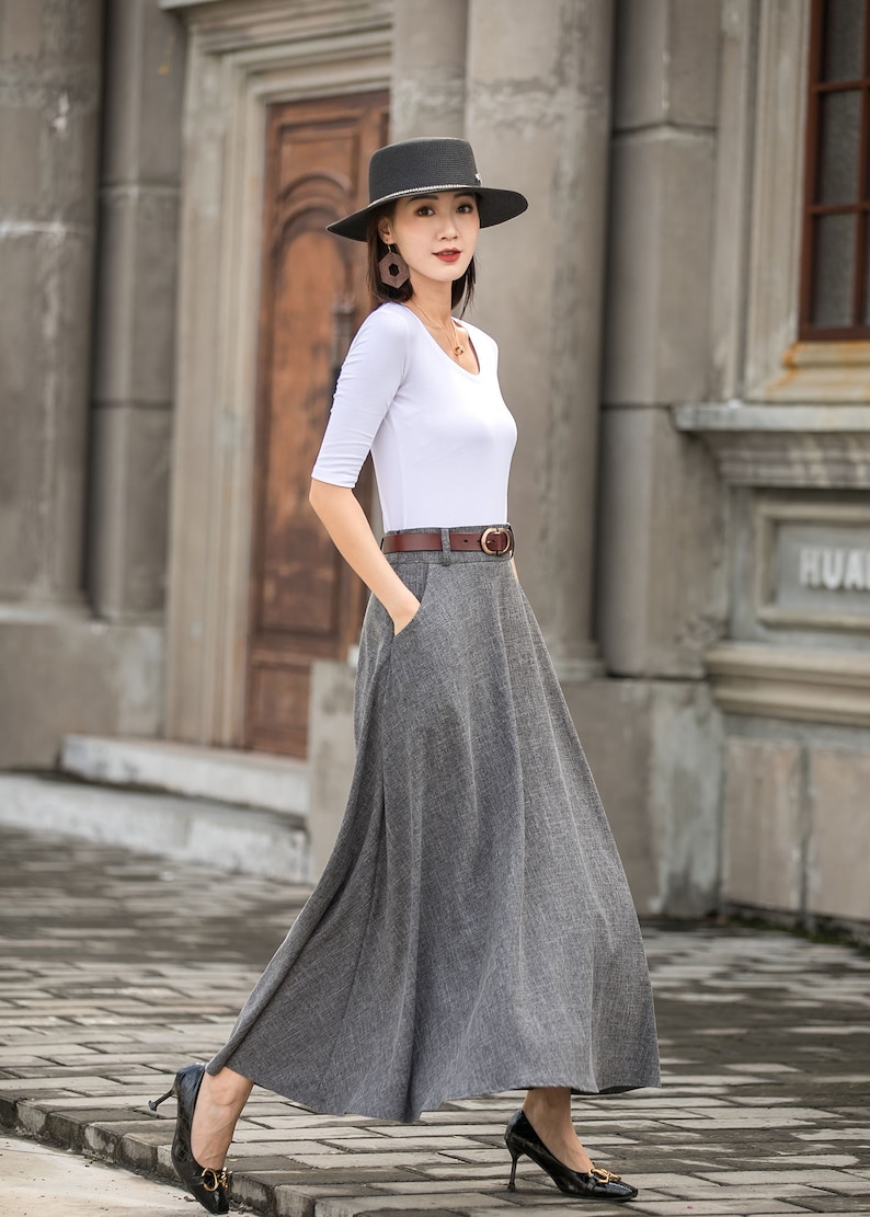 Leinenrock, Langer Maxi-Leinenrock für Frauen, A-Linien-Rock, blauer Damen-Maxirock mit Taschen, minimalistischer Rock, maßgeschneiderter Rock 2716 7-Gray