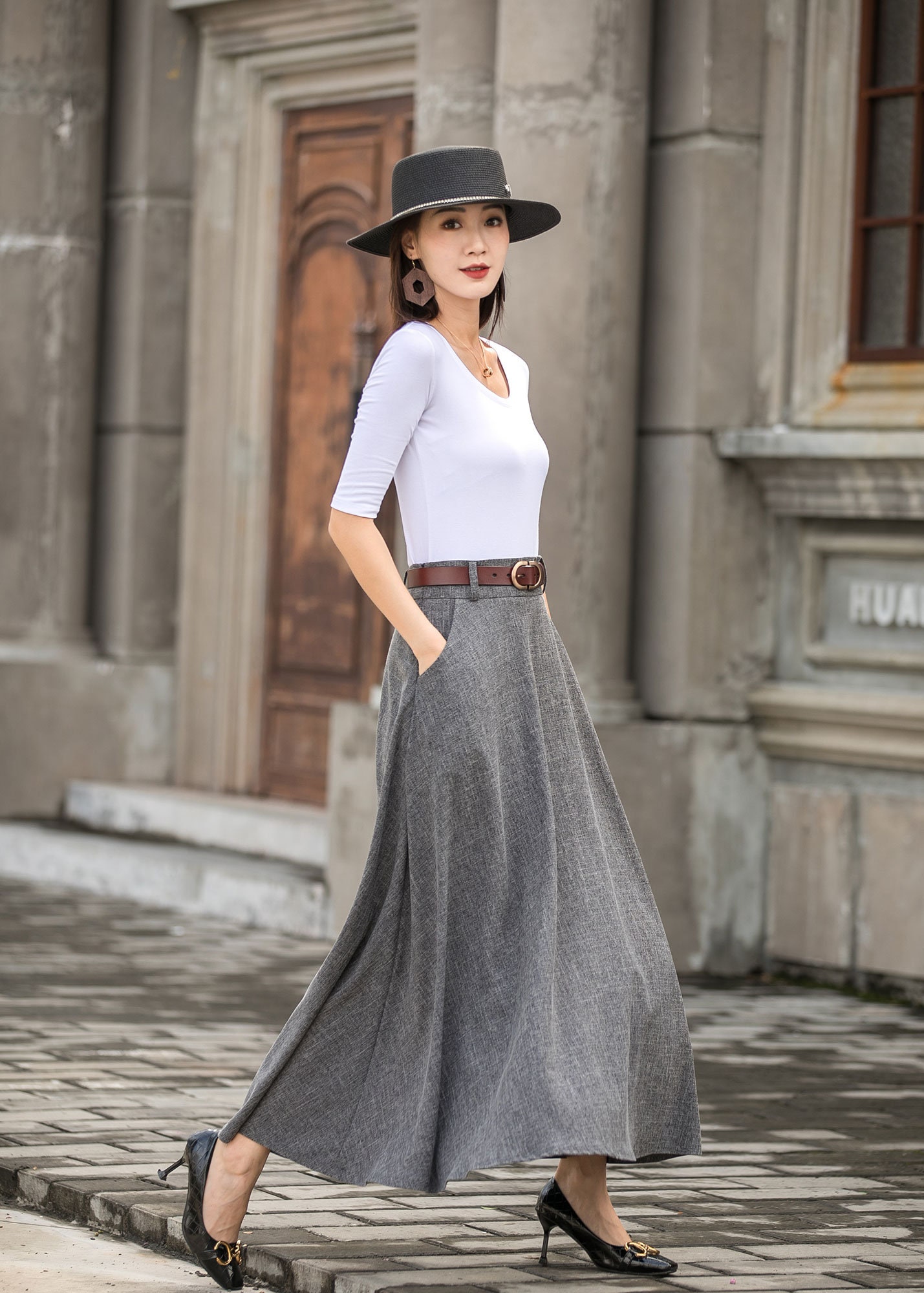 Navy Blue A-line Maxi Skirt With Pockets – High-waisted Long Skirt