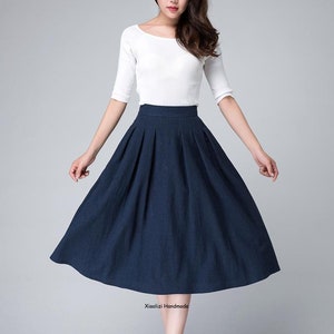 High Waist A Line pleated midi skirt, Women's swing vintage skirt with pockets, Linen midi skirt, Xiaolizi 1500 image 4