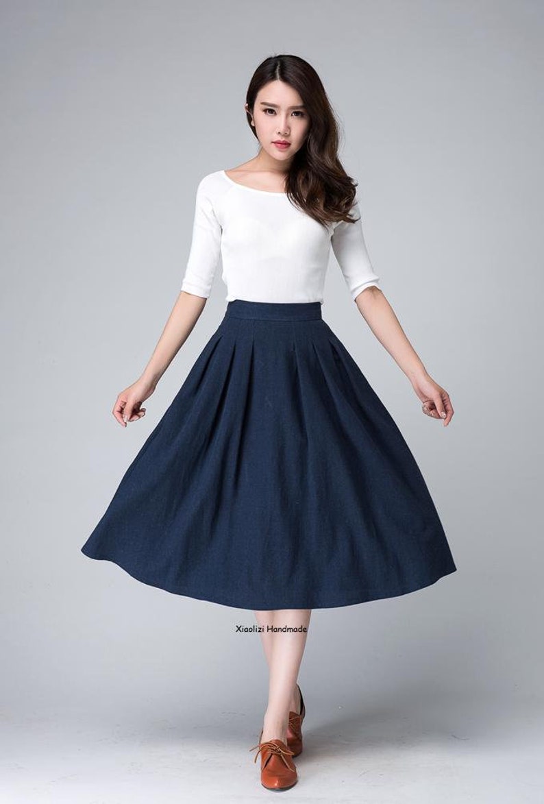 High Waist A Line pleated midi skirt, Women's swing vintage skirt with pockets, Linen midi skirt, Xiaolizi 1500 image 4