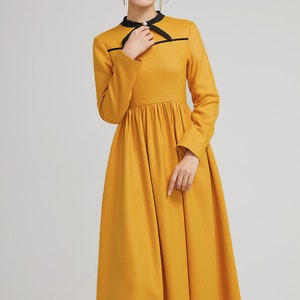 yellow dress, winter wool dress, fit and flare dress, formal dress, warm dress, womens dresses, long sleeves dress, modern dress 2233 image 5