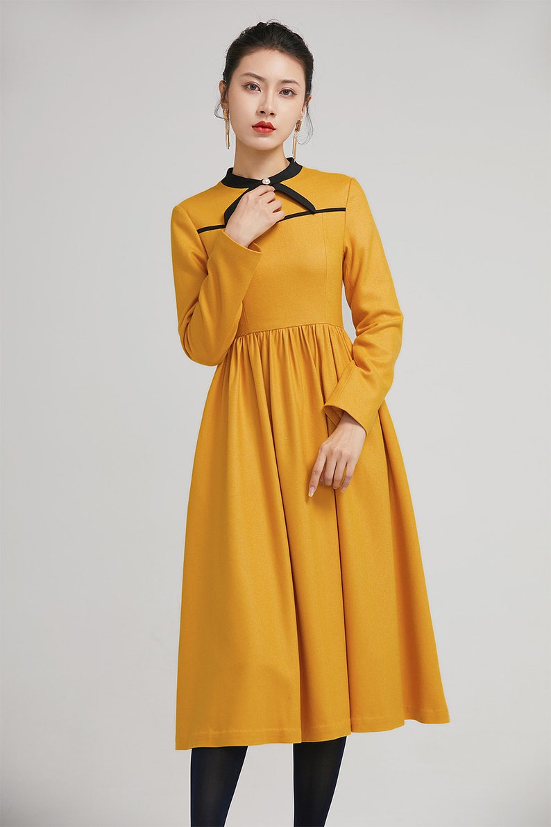 yellow dress, winter wool dress, fit and flare dress, formal dress, warm dress, womens dresses, long sleeves dress, modern dress 2233 image 5