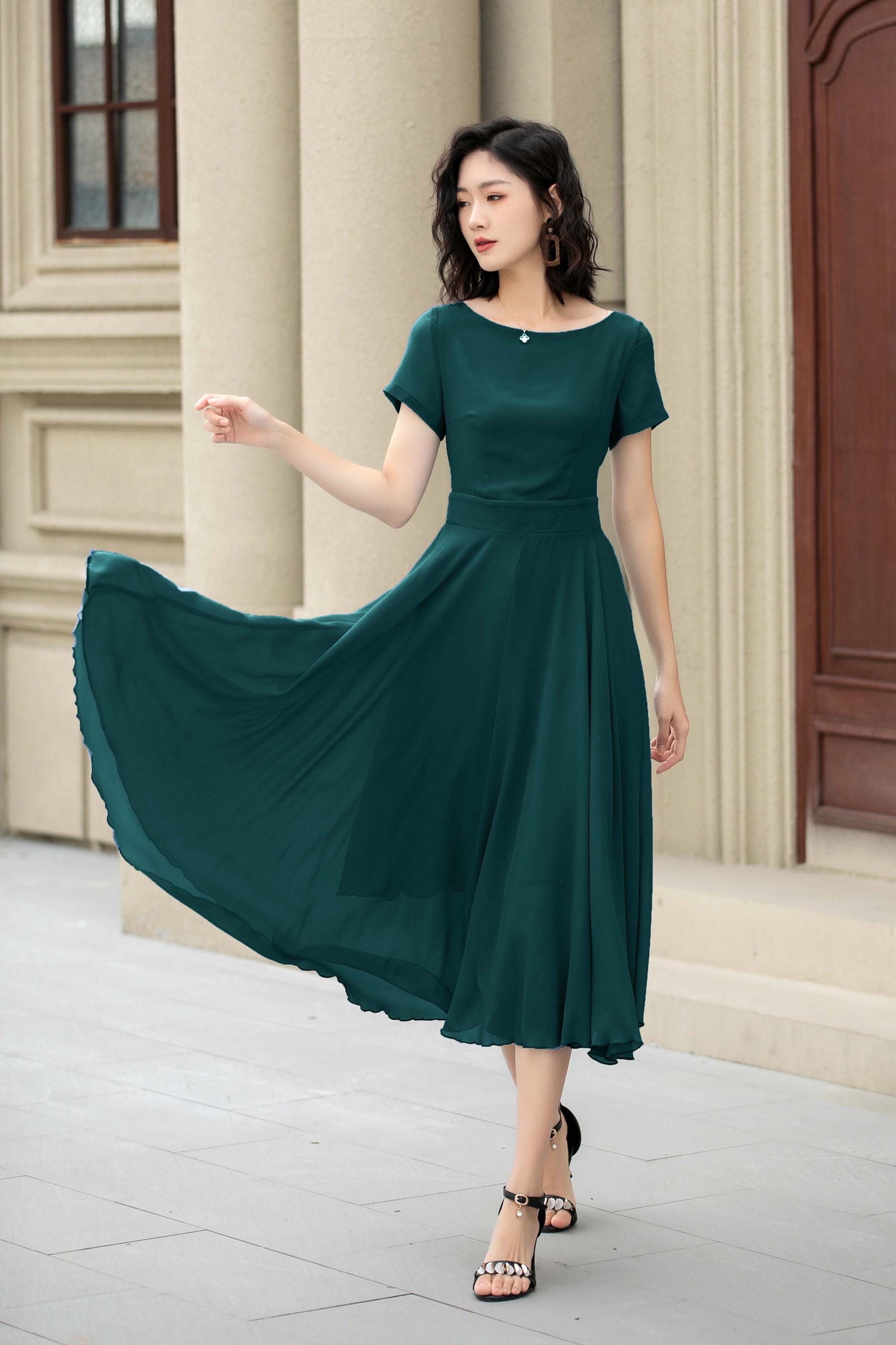forest green midi dress Linka Off-Shoulder Tie Back line prom dress Deep Green Polyester Midi Dress