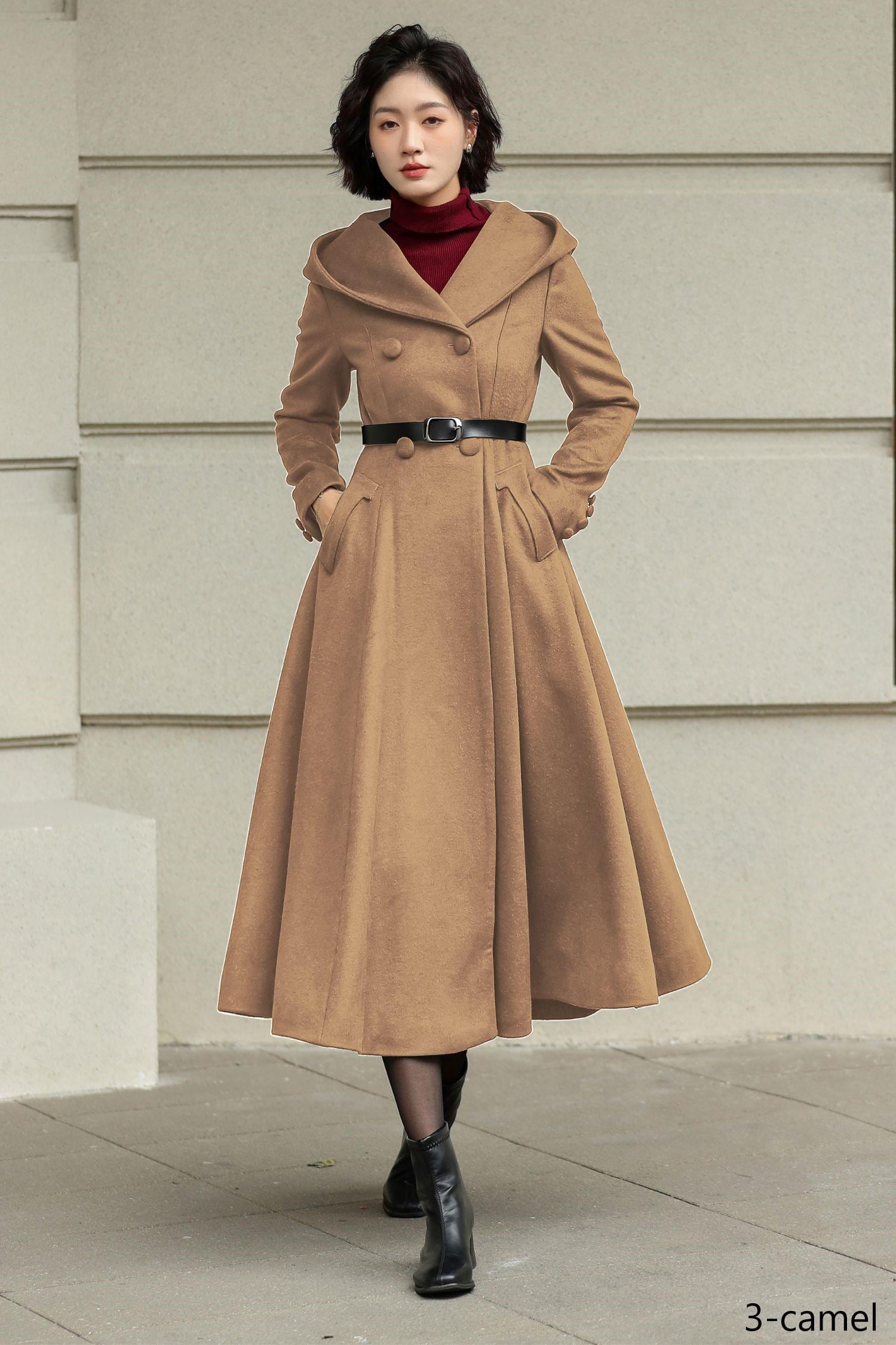 Dark Green Hooded Wool Coat: Fit and Flare Mid-calf Swing Coat