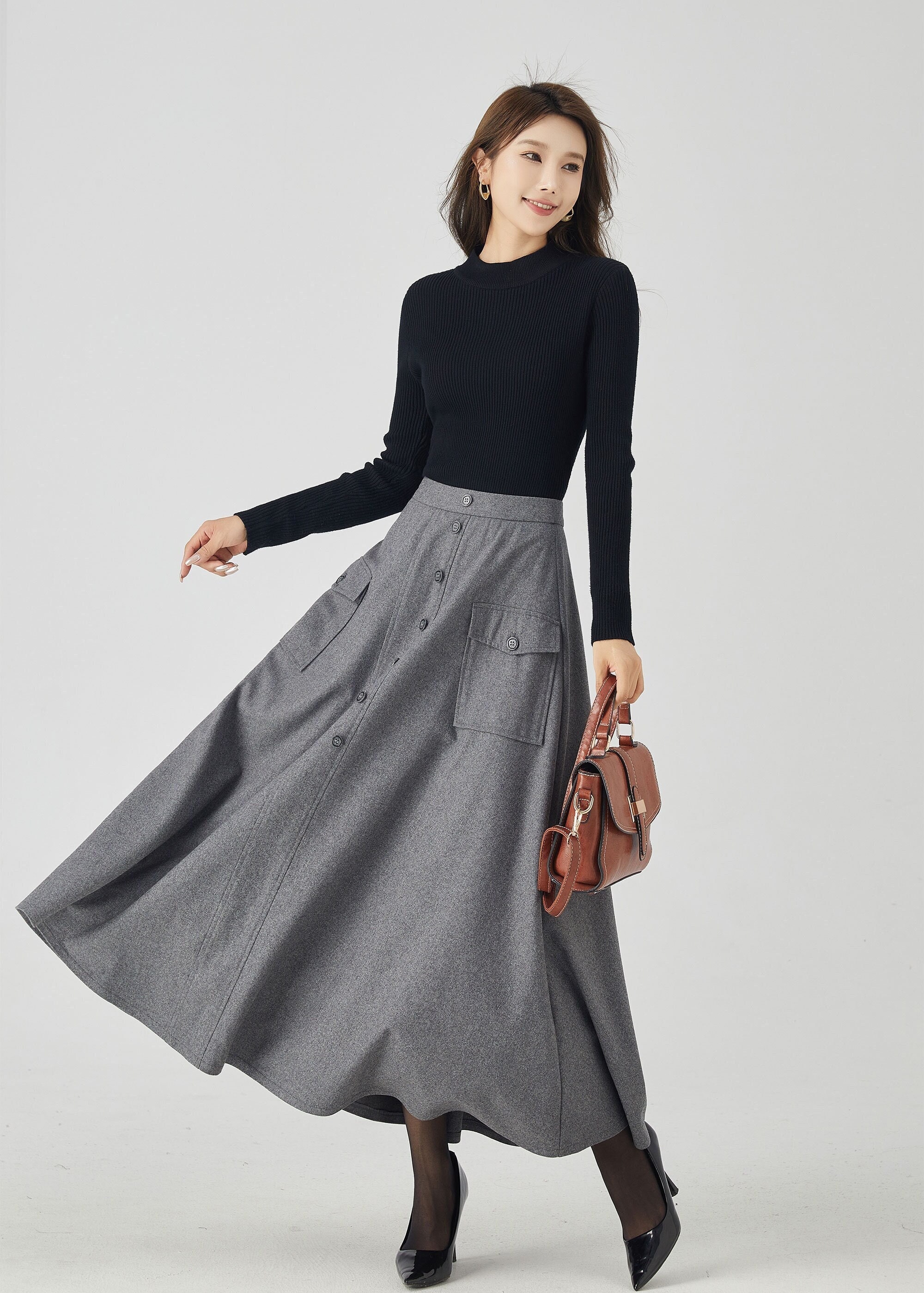 スカート [SINOON] WOOL BLENDED LONG SKIRT Wool Skirt, Vintage Skirt, Maxi Skirt, Wool Skirts, Navy