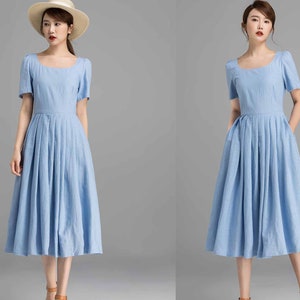 Womens Puff Sleeve Linen Dress, Floral dress women, Prairie Dress, Laura ashley Midi dress, Bridesmaid Dresses, Pleated Summer dress 0139 5-Blue-2359#