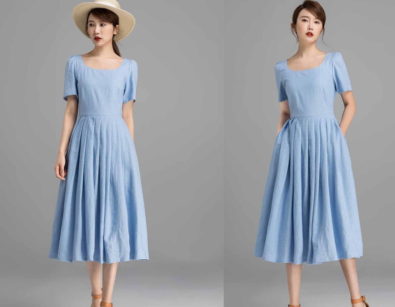 Womens Puff Sleeve Linen Dress, Floral dress women, Prairie Dress, Laura ashley Midi dress, Bridesmaid Dresses, Pleated Summer dress 0139 5-Blue-2359#