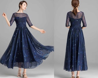 Robe Maxi Swing, Robe en mousseline de soie ajustée et flare, Robe bleue, Robe d’été, Robe femme, Robe demoiselle d’honneur, Robe de fête personnalisée 2353 #