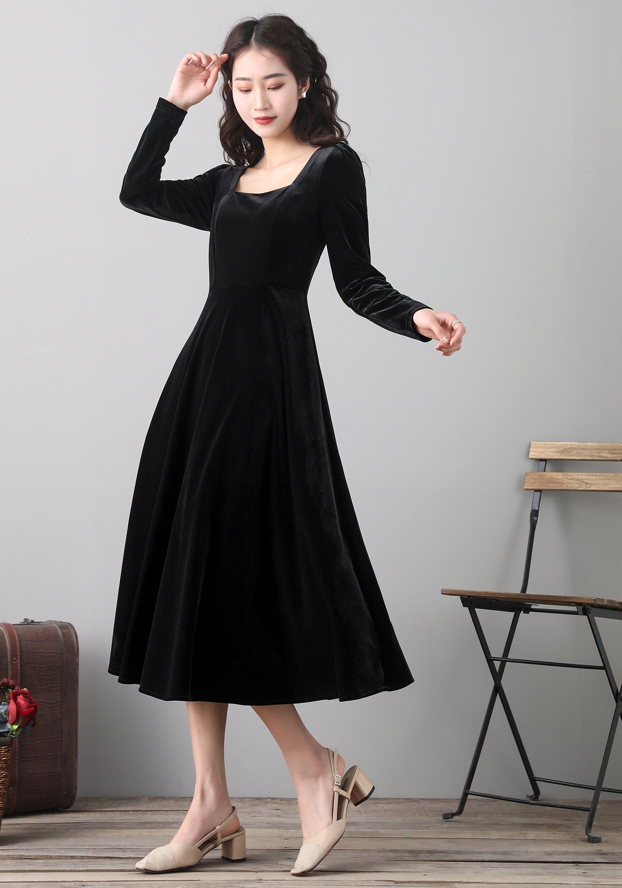 Velvet Dress Little Black Dress Long Sleeve Dress Midi | Etsy