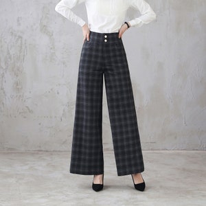 Long Plaid Wide Leg Wool Pants, Vintage Inspired Women&#39;s Pants, High Waist Pants with Pockets, Baggy Pants, Plus Size Pants Xiaolizi 3124