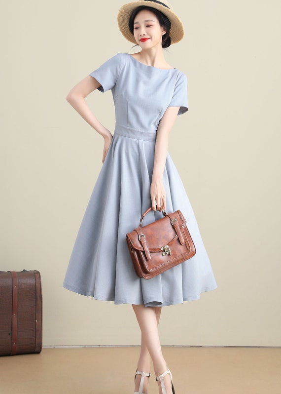 1950s Retro Midi Light Blue Swing Dress 3273 1950s Retro Midi Light Blue Swing Dress 3273