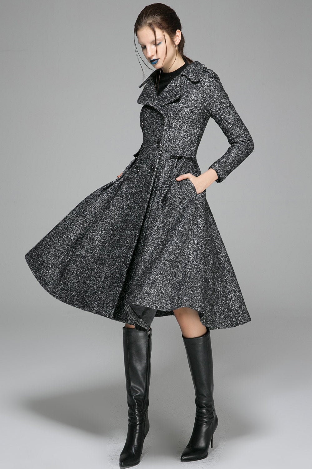 Black Wool Coat, Black Coat, Double Breasted Coat, Wool Coat, Winter Coat  Women, Womens Coat, Fit and Flare Coat, Handmade Coat 1373 