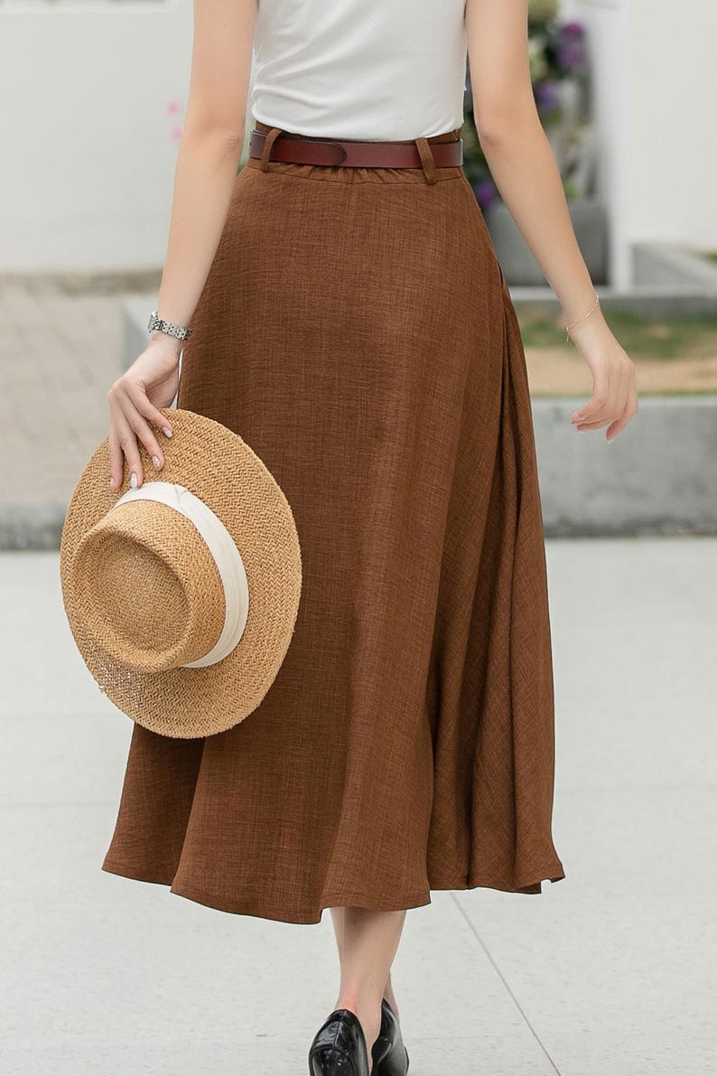 Office wear, Brown A Line Midi Skirt for women, Summer belted skirt with pockets, Work skirt, Date skirt, Custom made skirt, Xiaolizi 6047# image 5