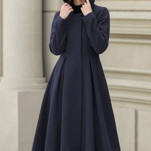 Wollmantel, Wollmantel mit Kapuze, Damen Wollmantel, Wintermantel Frauen, Swing Mantel, A-Linie Mantel, Täglicher Mantel, Handgemachter Mantel, Xiaolizi 5347 3-Blue