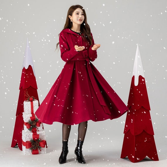 Red hooded long wool coat women 4615 Red hooded long wool coat women 4615