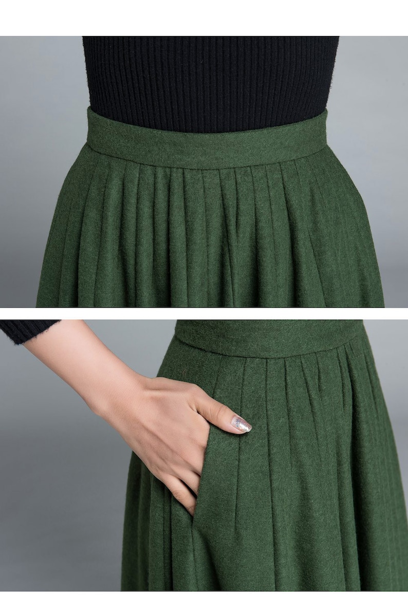 50s Green Long Wool Skirt, Wool Circle Skirt, Vintage Inspired Pleated Long Skirt, High Waist Skirt, Swing Skirt, Autumn Winter skirt 1641 image 7