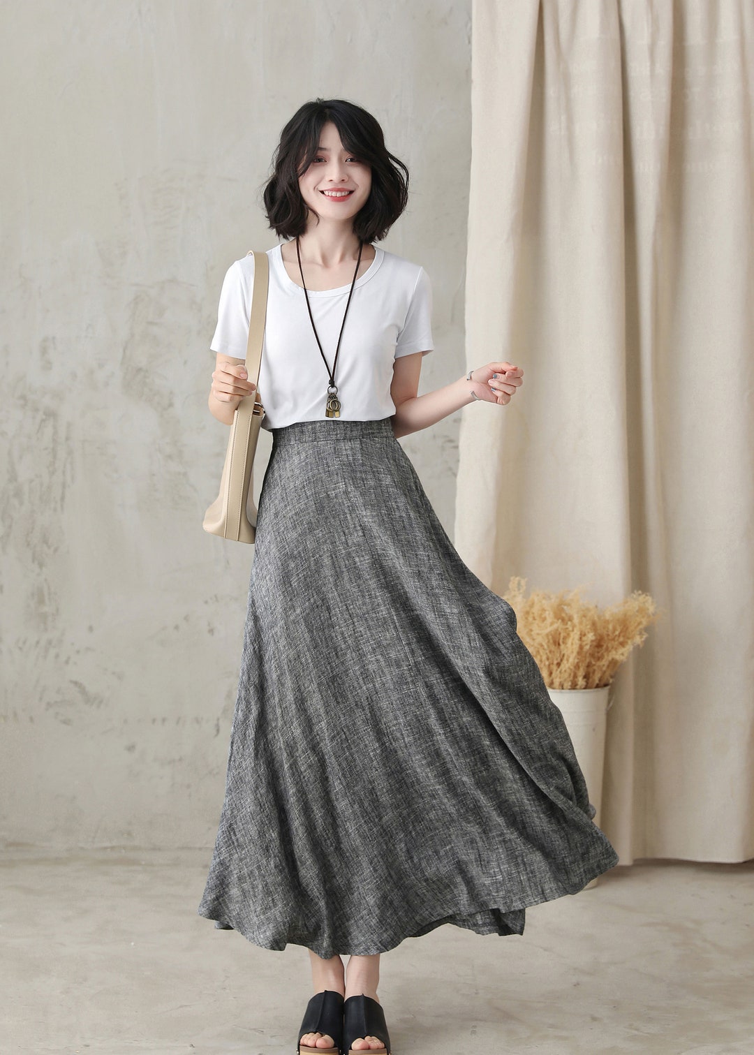 Long Linen Skirt, Grey Linen Maxi Skirt With Pockets, A Line Full