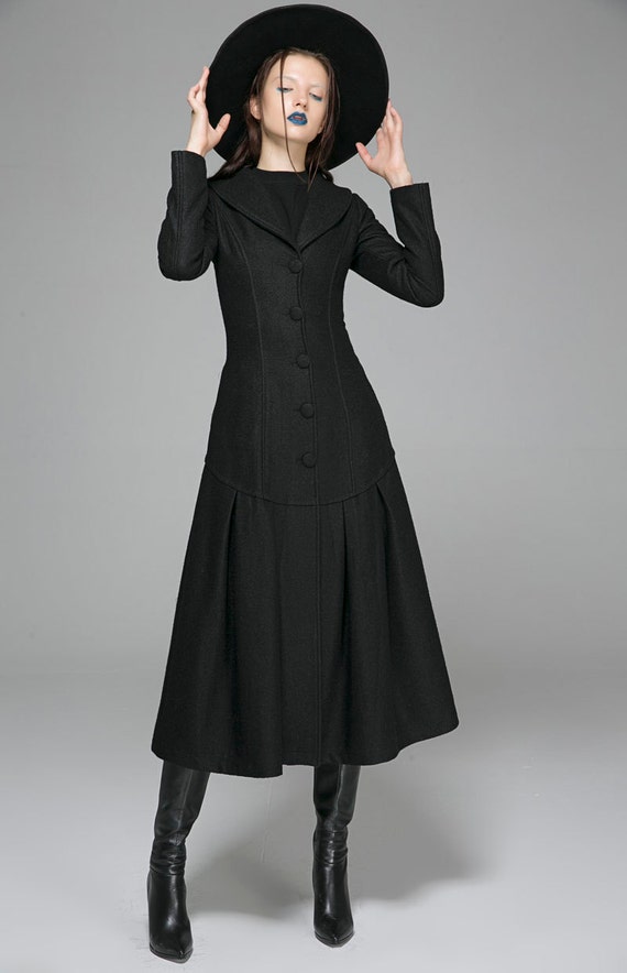 Black Coat Dress
 Vintage style coat long black coat dress coat drop waist