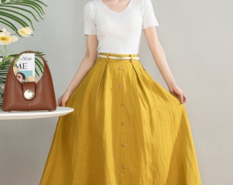 Office Wear, Linen Skirt, Midi Skirt, Green Button Front