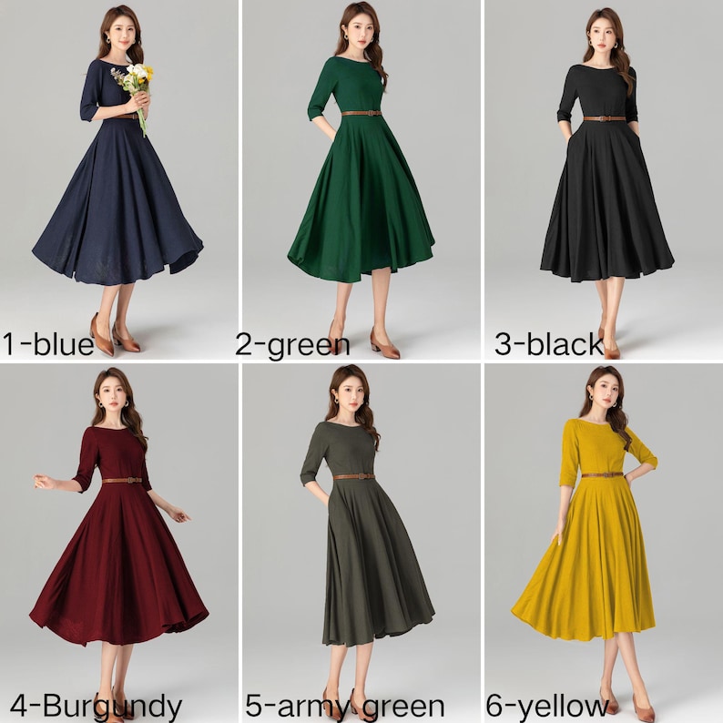 May include: Six different colors of a midi-length dress with a fitted bodice and a full skirt. The dress has a brown belt and three-quarter sleeves.