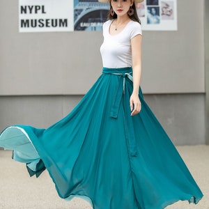 Black Long Chiffon Maxi Skirt Women, Swing Full Circle Skirt, Boho Maxi Skirt, Elastic Waist Chiffon Skirt with Sash, Plus Size Skirt 2714 10-Blue