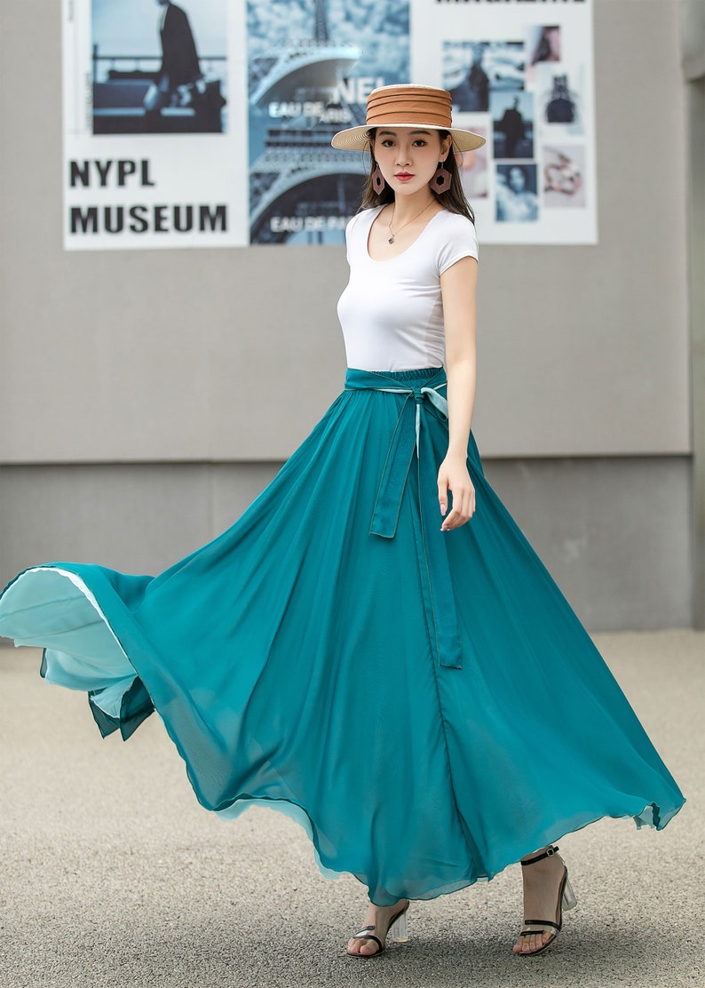 Black Long Chiffon Maxi Skirt Women, Swing Full Circle Skirt, Boho Maxi Skirt, Elastic Waist Chiffon Skirt with Sash, Plus Size Skirt 2714 10-Blue