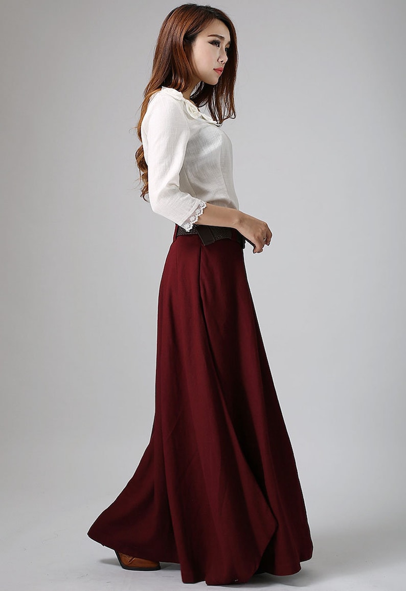 Burgundy skirt, linen skirt, maxi linen skirt, Asymmetrical skirt, women linen skirt, linen skirt pockets, women linen clothing 0910 image 4