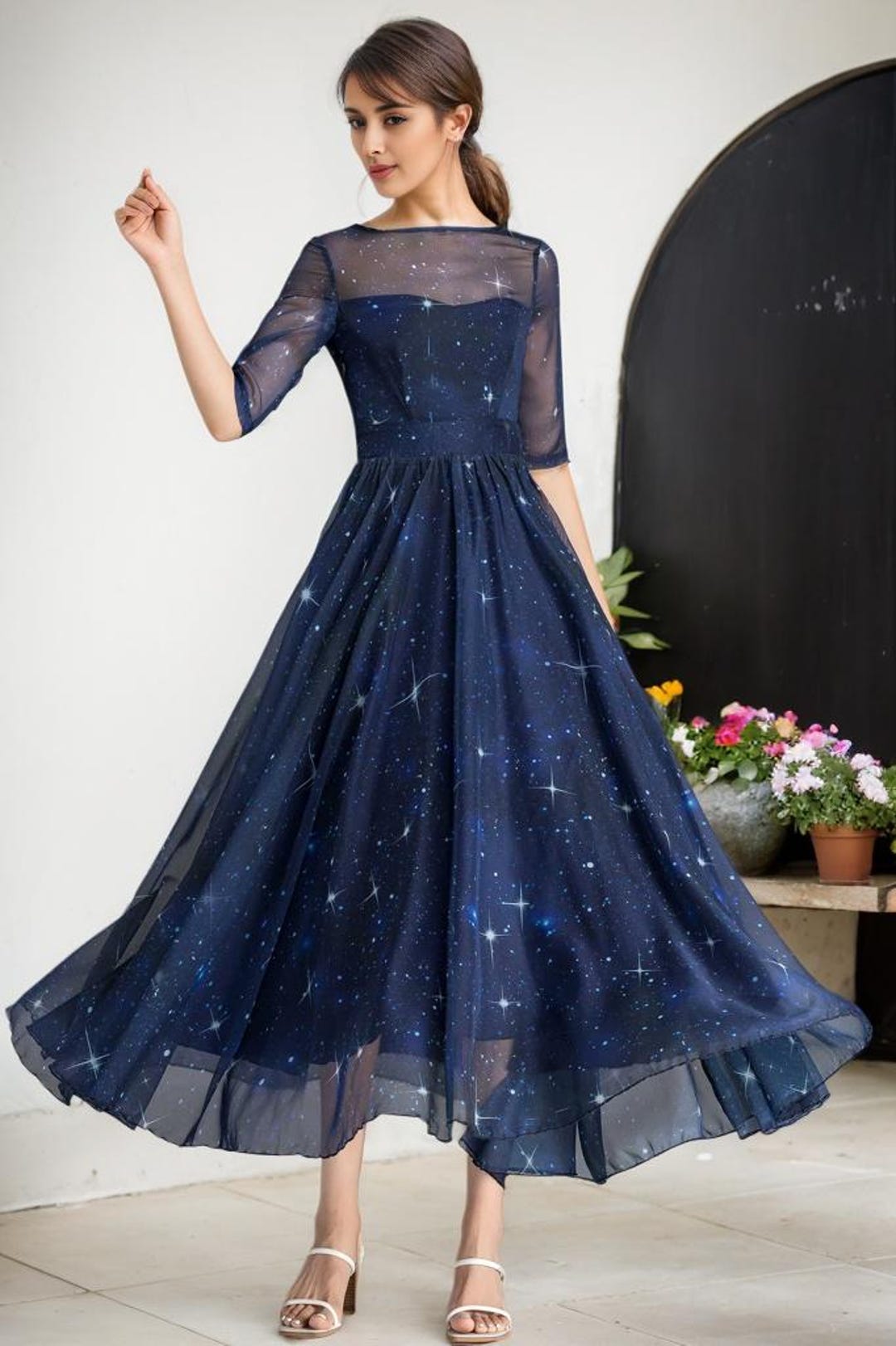 Sky Blue Pleated Chiffon Fit and Flare Party Dress main image 1