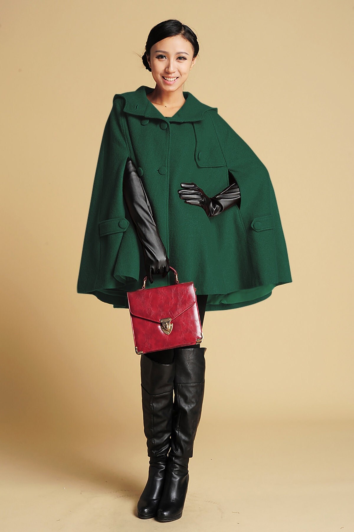 Hooded Wool Cape Coat Women Warm Winter 