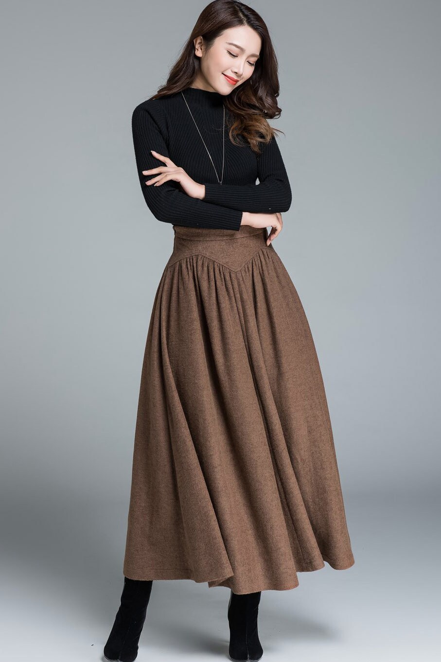 【SATUR】Wool Pleats Skirt Brown Midi Wool Skirt, Long Pleated Wool Skirt, Brown Swing Wool