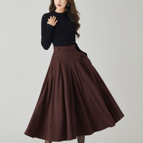 Jupe en laine, jupe en laine brune, jupe en laine pour femme, jupe évasée midi en laine, jupe trapèze plissée, jupe rétro automne, jupe personnalisée, Xiaolizi 4528