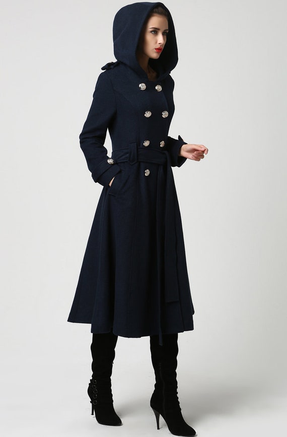 Wool Coat Women Long Wool Coat Winter Coat Overcoat Blue 