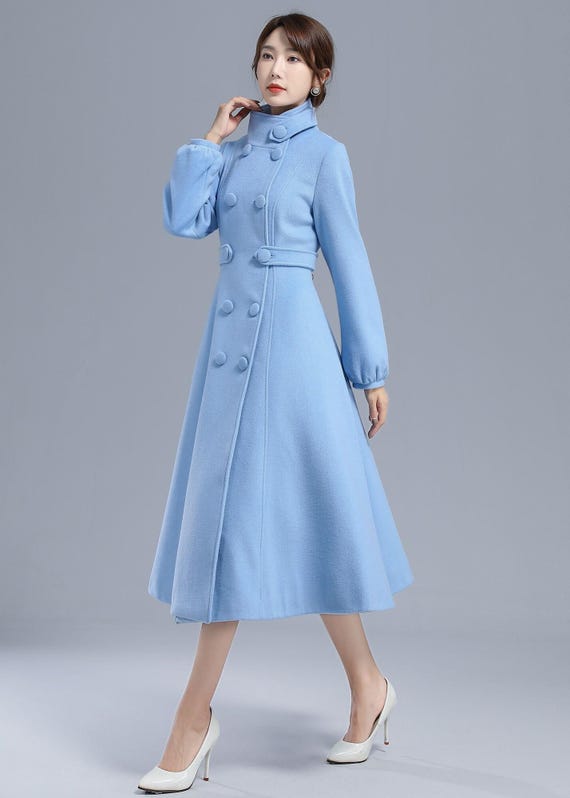 Double Breasted Wool Coat, Light Blue Wool Coat, Warm Winter