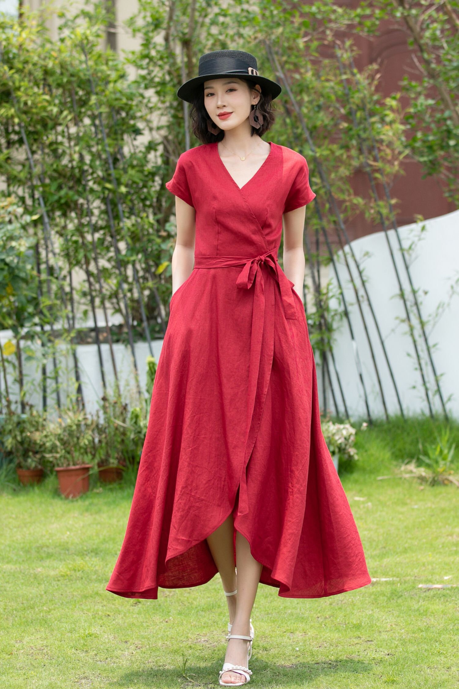 Wrap Linen dress, Short sleeve Red Linen Wrap dress, Summer Linen Midi dress, Womens dress, Long Linen dress, Handmade Linen dress 5202# Wrap Linen dress, Short sleeve Red Linen Wrap dress, Summer Linen Midi dress, Womens dress, Long Linen dress, Handmade Linen dress 5202#