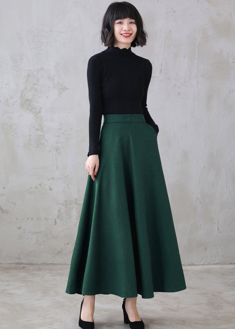 Green Wool Maxi Skirt Women A Line Long Wool Skirt Retro | Etsy