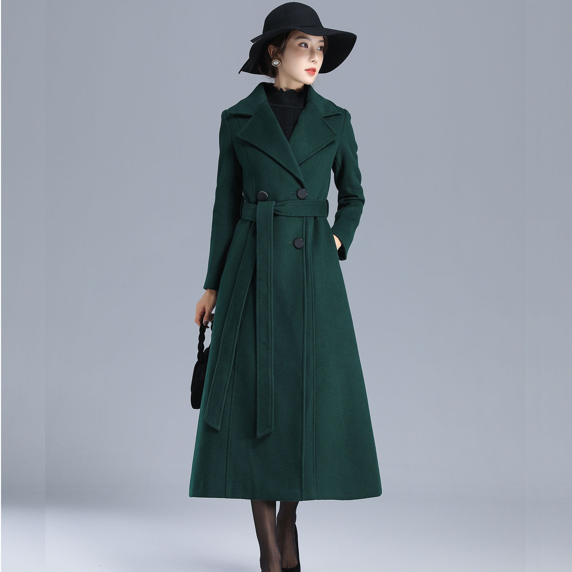 グリーンロングウールコートレディース、ロングトレンチコート、ダブル