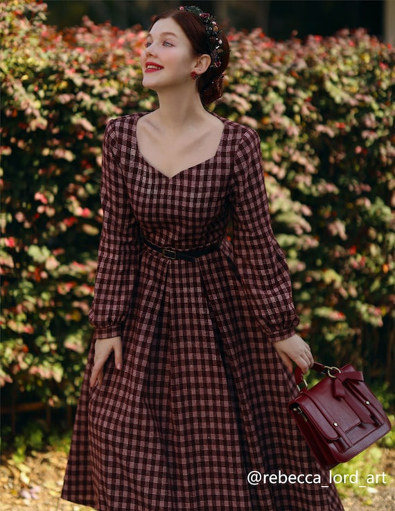 Plaid Wool Long Dress, Long Sleeve Wool Dress, Plaid Wool Plaid Wool Long Dress, Long Sleeve Wool Dress, Plaid Wool