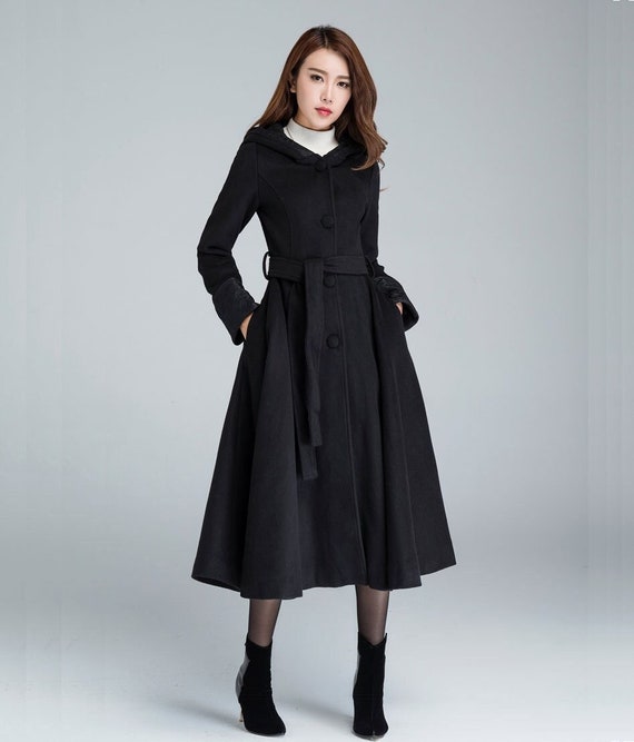 Vintage Inspired Black Swing Hooded Wool Coat Long Wool Coat - Etsy