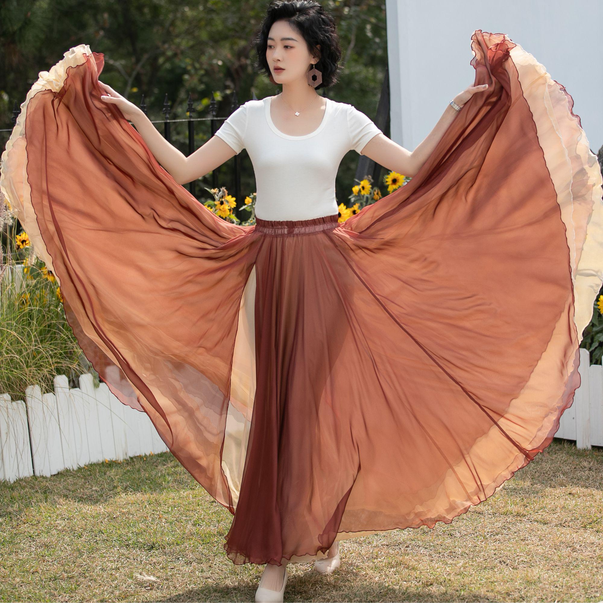 Red Chiffon Maxi Skirt: High Waisted Full Circle Swing Skirt