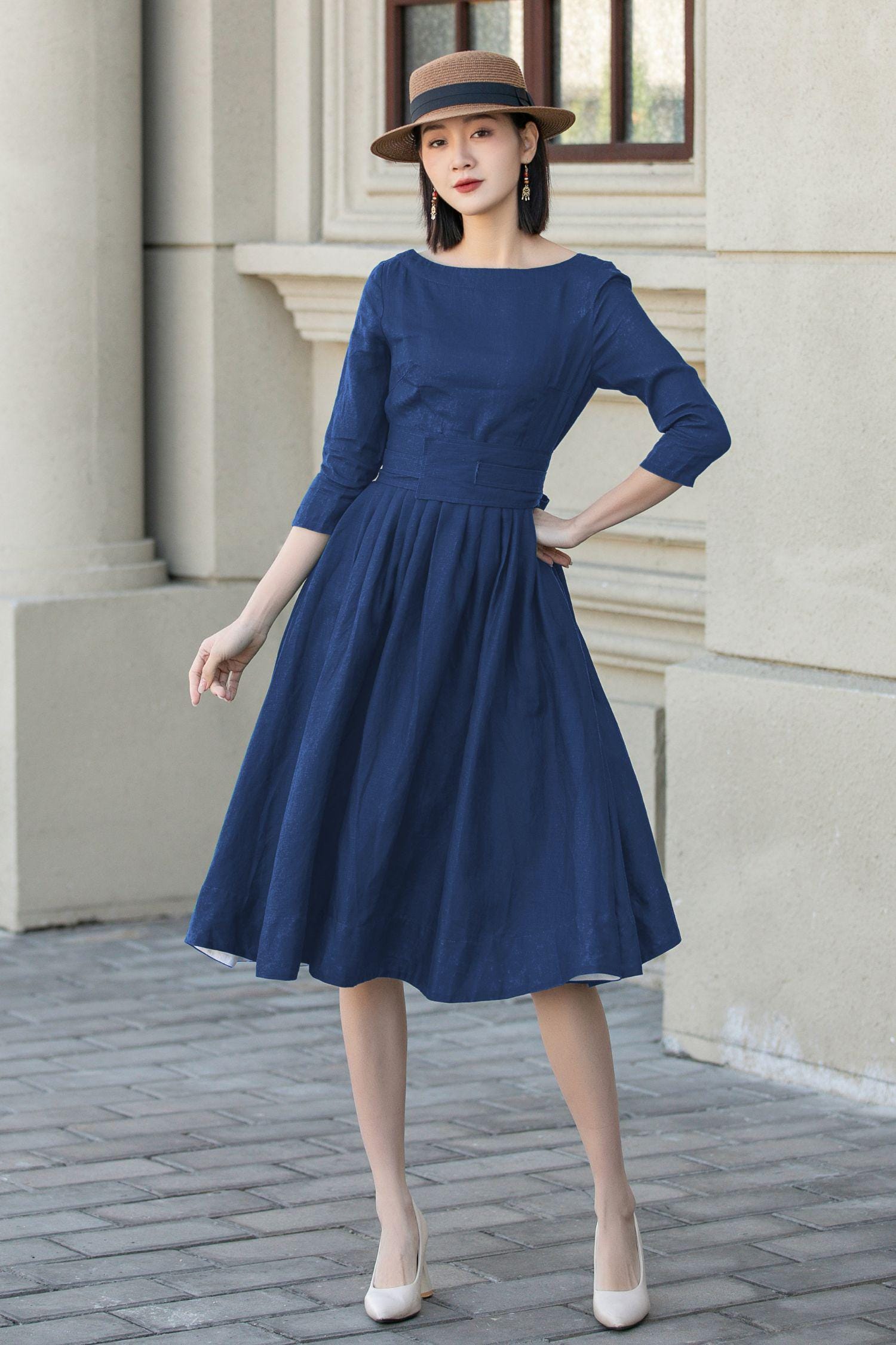 chinese dress ladies Royal Toscana Linen Dress in Teal Blue