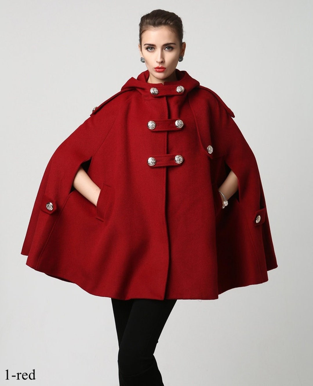 Women's Winter Red Wool Hooded Wool Cape Coat, Plus Size Cape Coat ...